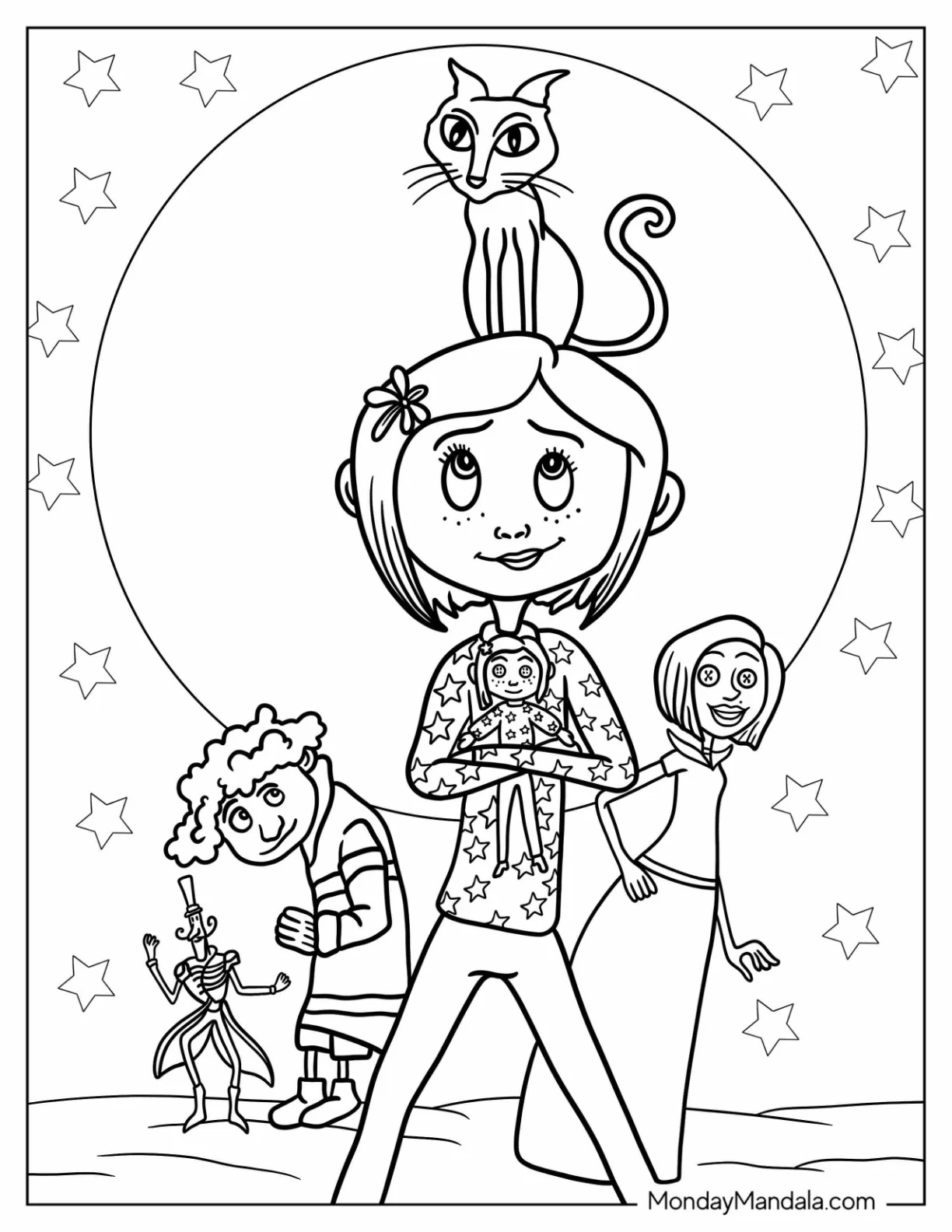 Coraline Coloring Page With Cat, Wybie, Other Mother, And Other Bobinsky coloring page — printable line art