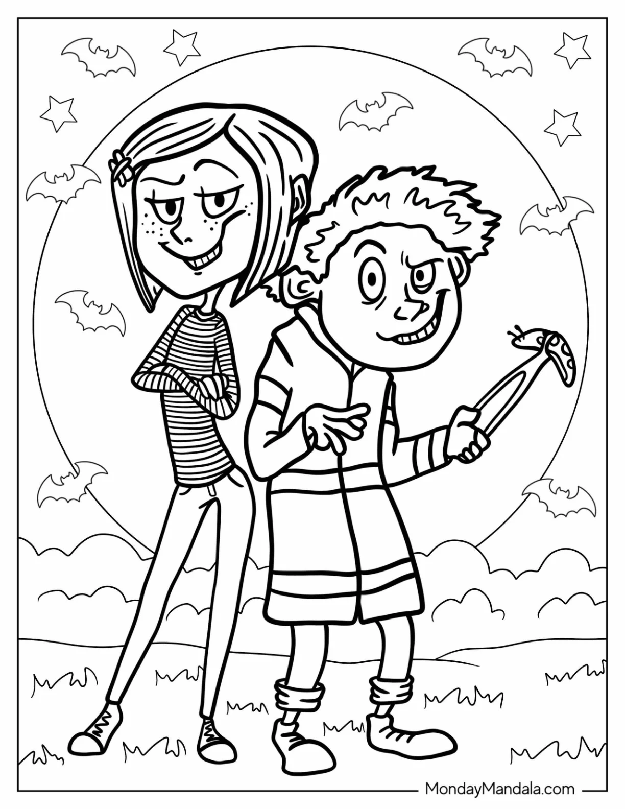 Coraline Coloring Page With Wybie With Scary Smiles coloring page