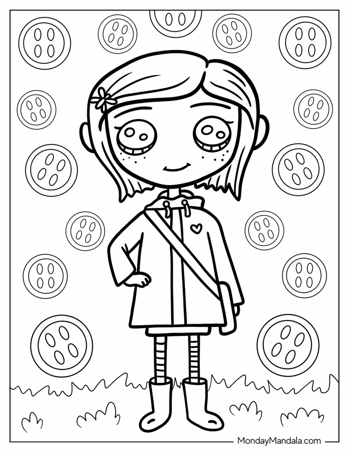 Cute Coraline Coloring Page Wearing Jacket And Bag coloring page
