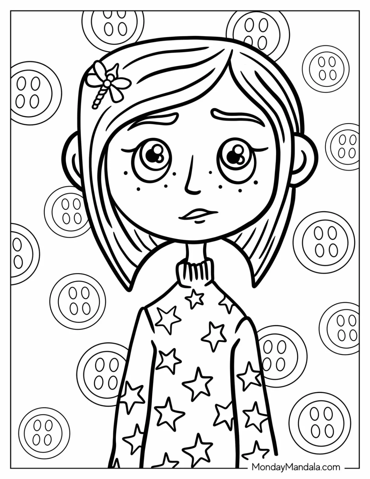 Detailed Coraline Coloring Page Wearing Starry Sweatshirt coloring page