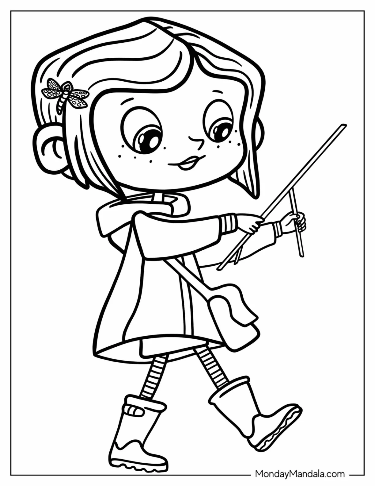Kawaii Coraline Coloring Page Holding Forked Stick For Kids coloring page