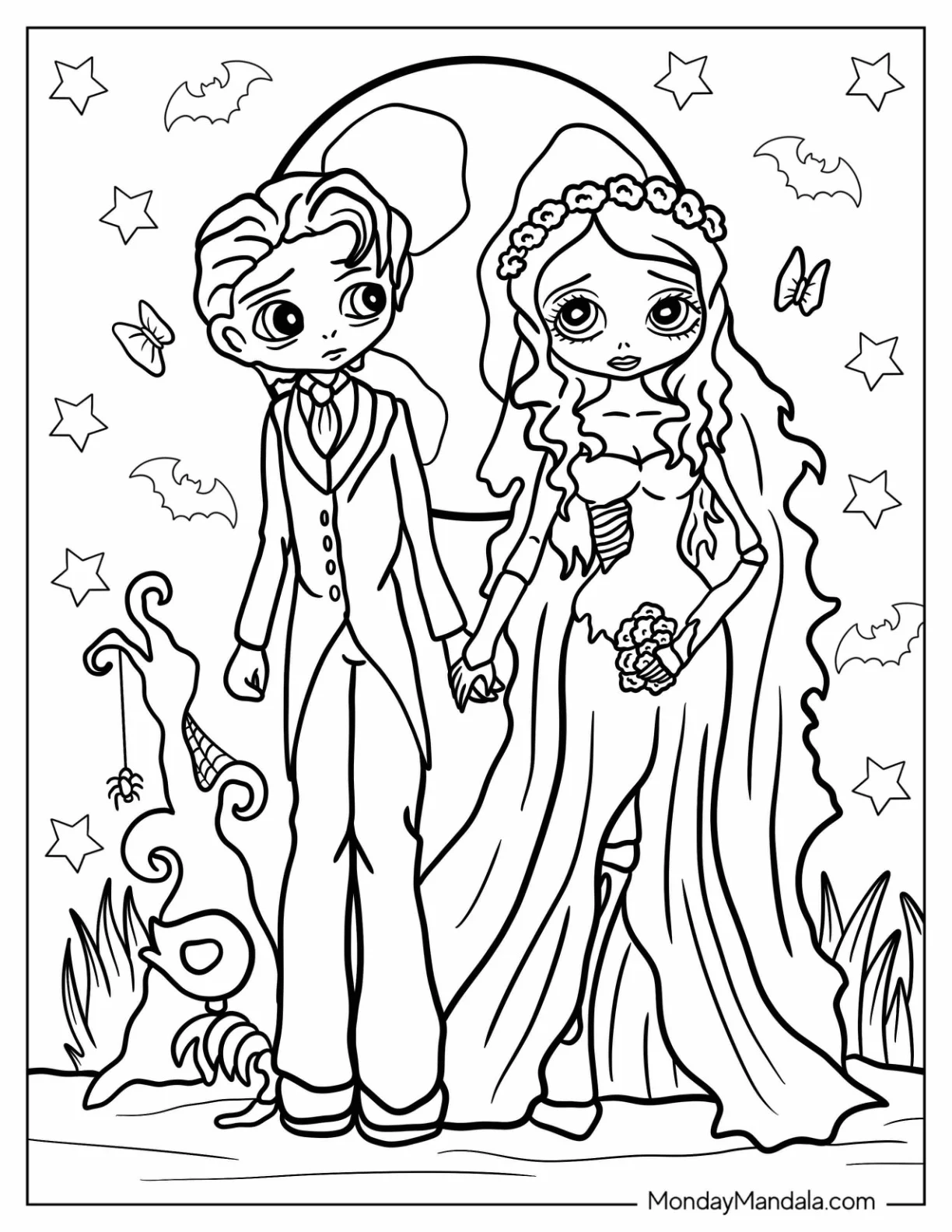 Corpse Bride Coloring Page Of Kawaii Cartoon Victor Holding Emily's Hand coloring page