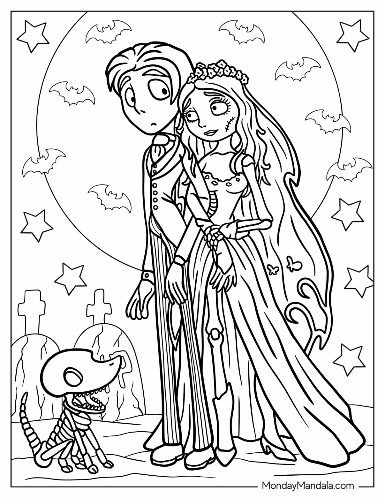 Corpse Bride Coloring Page Of Victor, Emily, And Scrap At The Cemetery coloring page