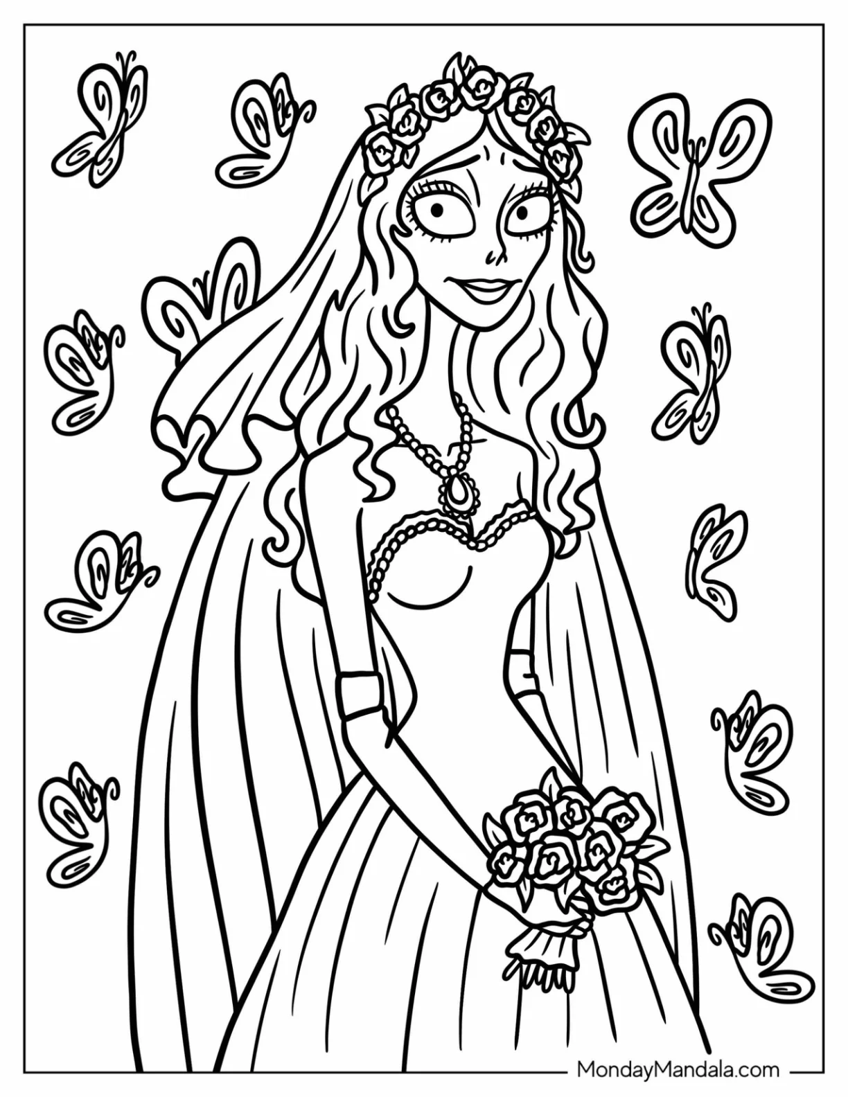 Emily Corpse Bride Coloring Page With Butterflies coloring page