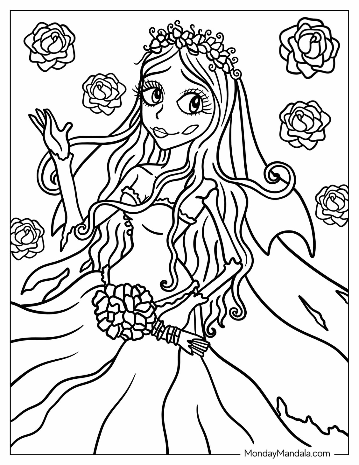 Emily Corpse Bride Coloring Page With Roses For Kids coloring page