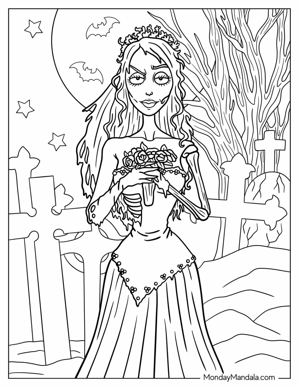 Scary Corpse Bride Coloring Page Of Emily At The Cemetery For Kids coloring page