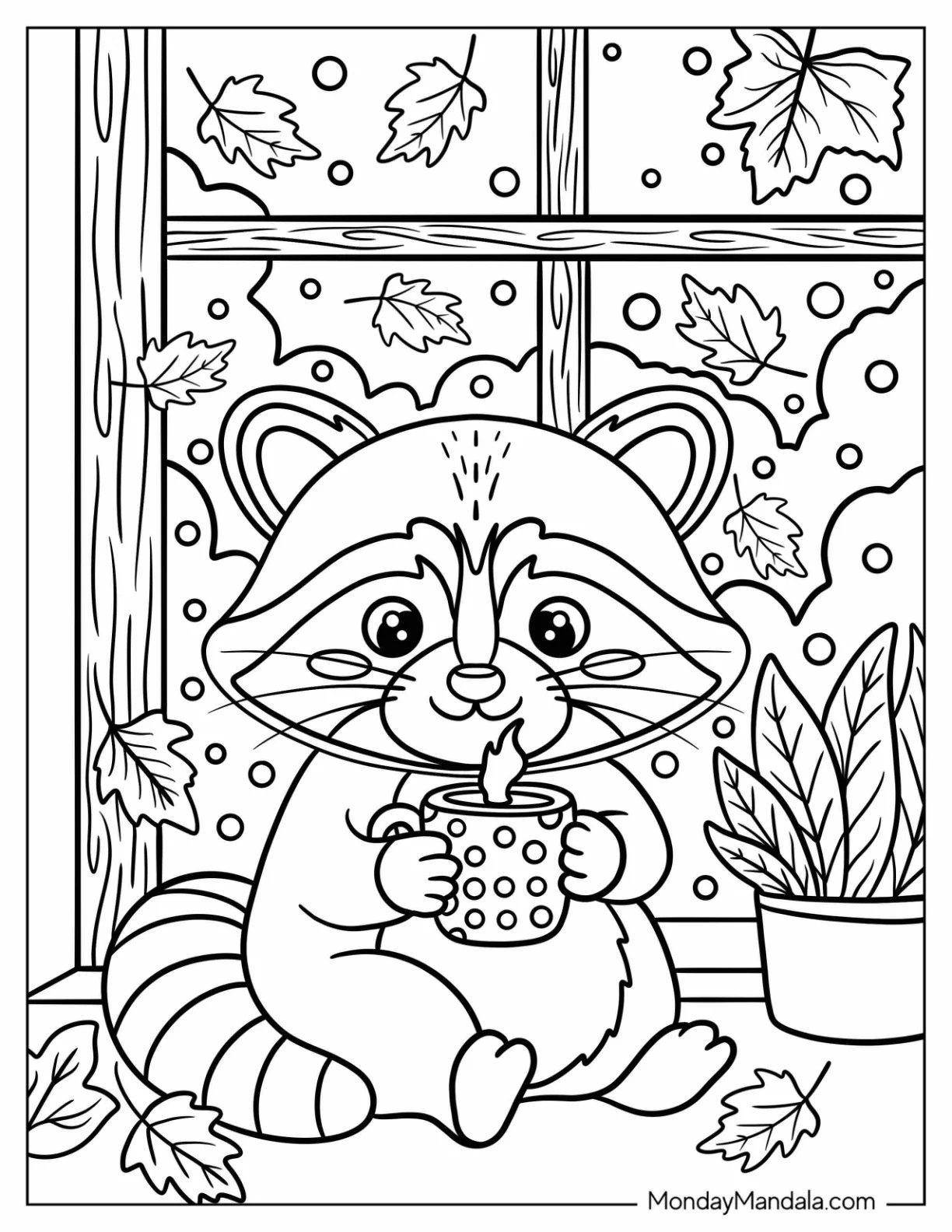 Adorable Raccoon Holding a Mug by the Window Fall Coloring Page coloring page