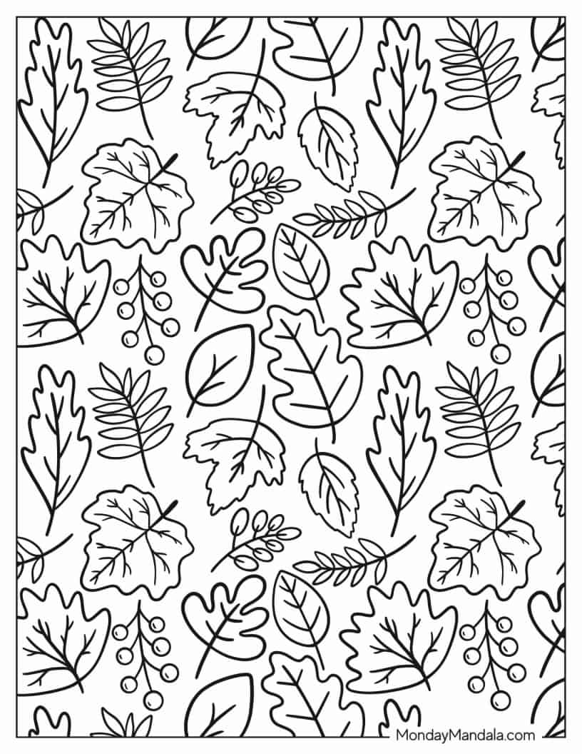 Assorted Fall Leaves coloring page — printable line art