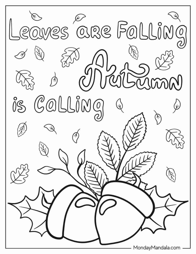 Autumn Is Calling Words Above Autumn Acorns Coloring Sheet coloring page