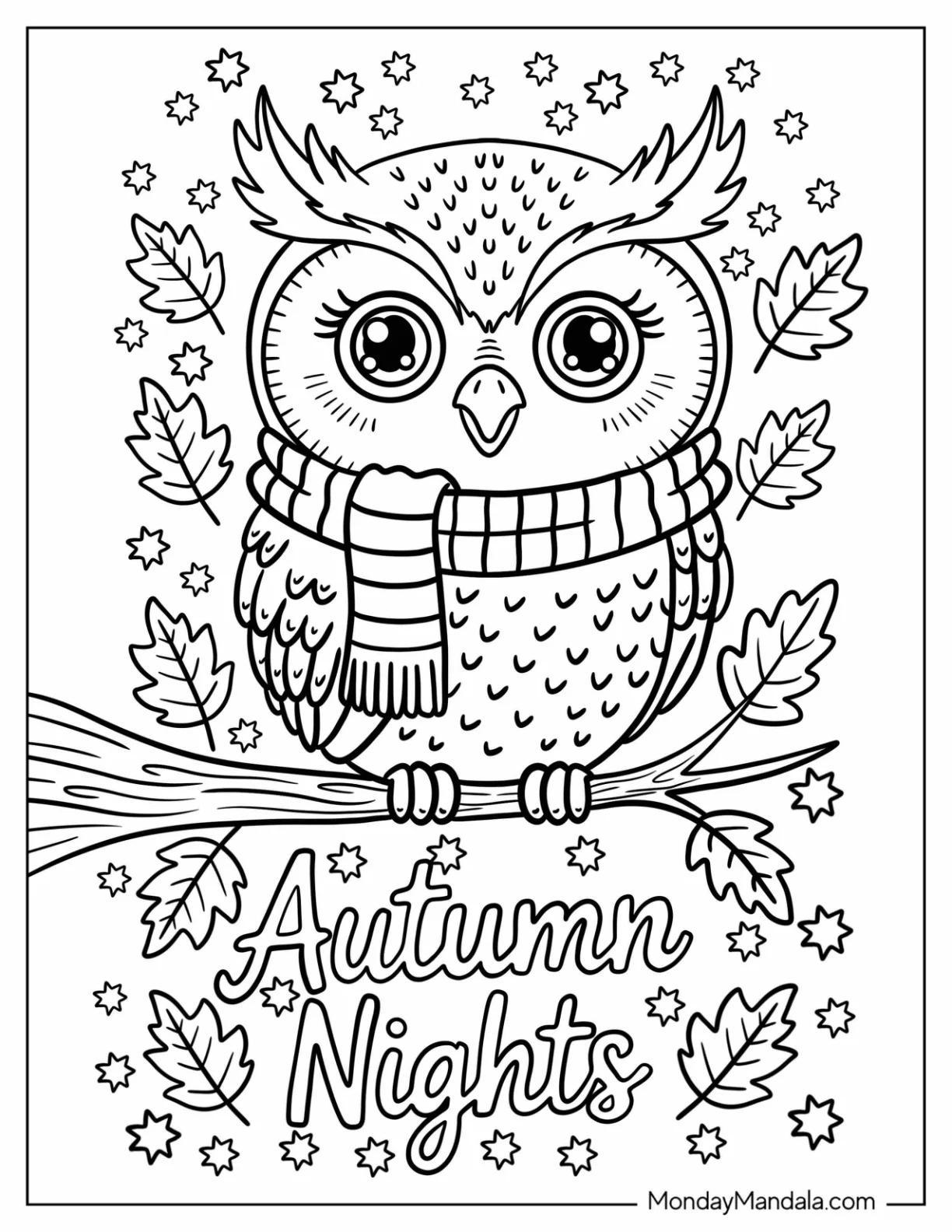 Autumn Owl with Scarf on Tree Branch Coloring Sheet for Kids coloring page — printable line art