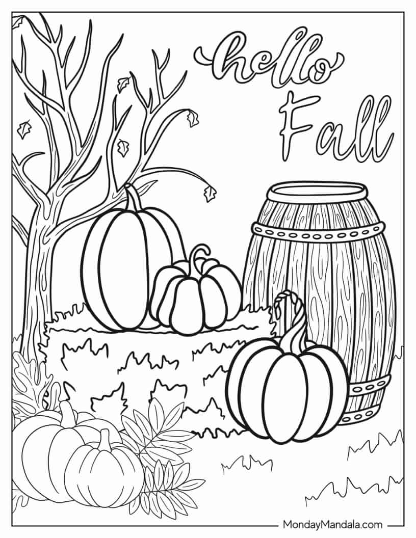 Autumn Scenery Of Pumpkins And Wooden Barrel coloring page