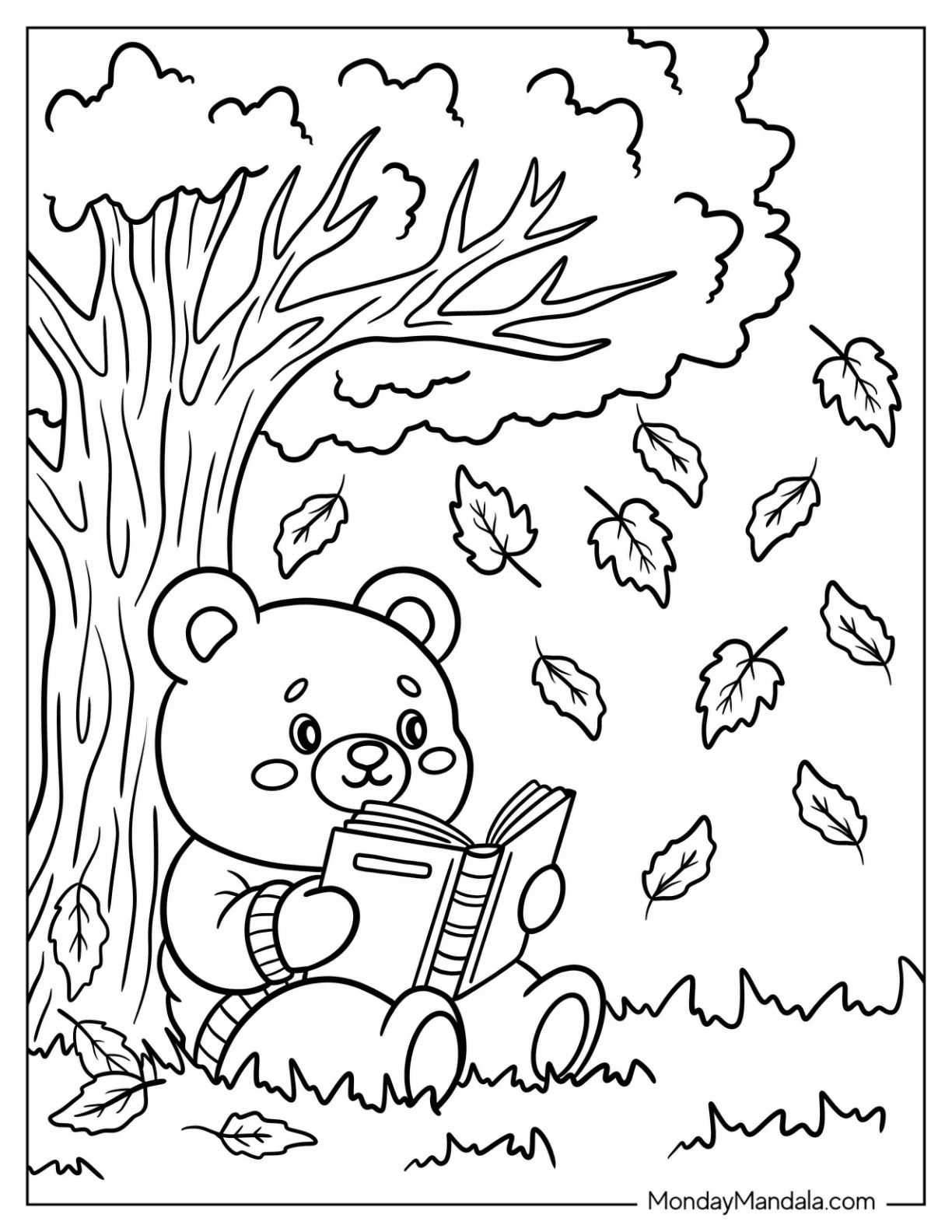 Bear Reading Under a Tree in Fall Coloring Page for Kids coloring page
