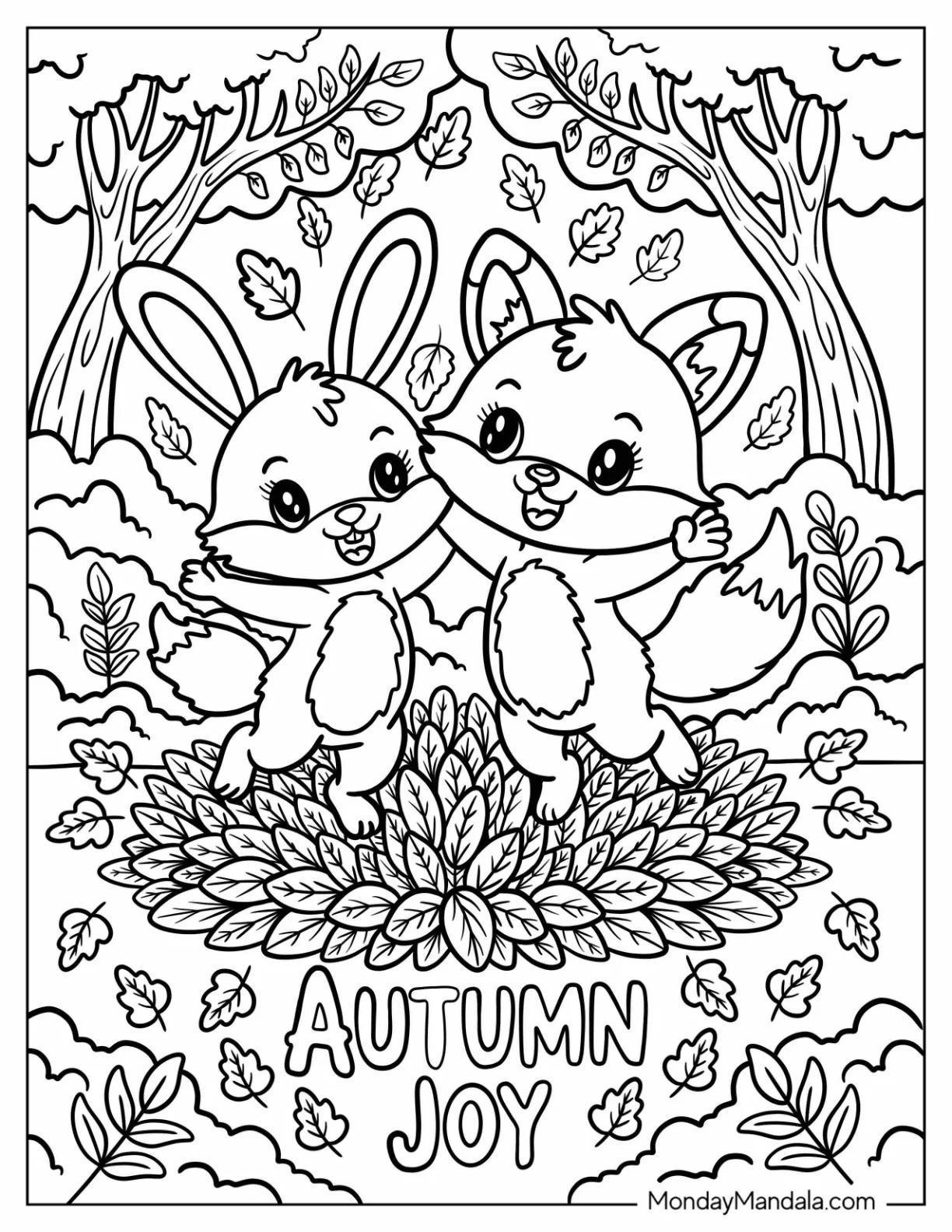 Bunny and Fox Playing in a Leaf Pile Autumn Coloring Page coloring page