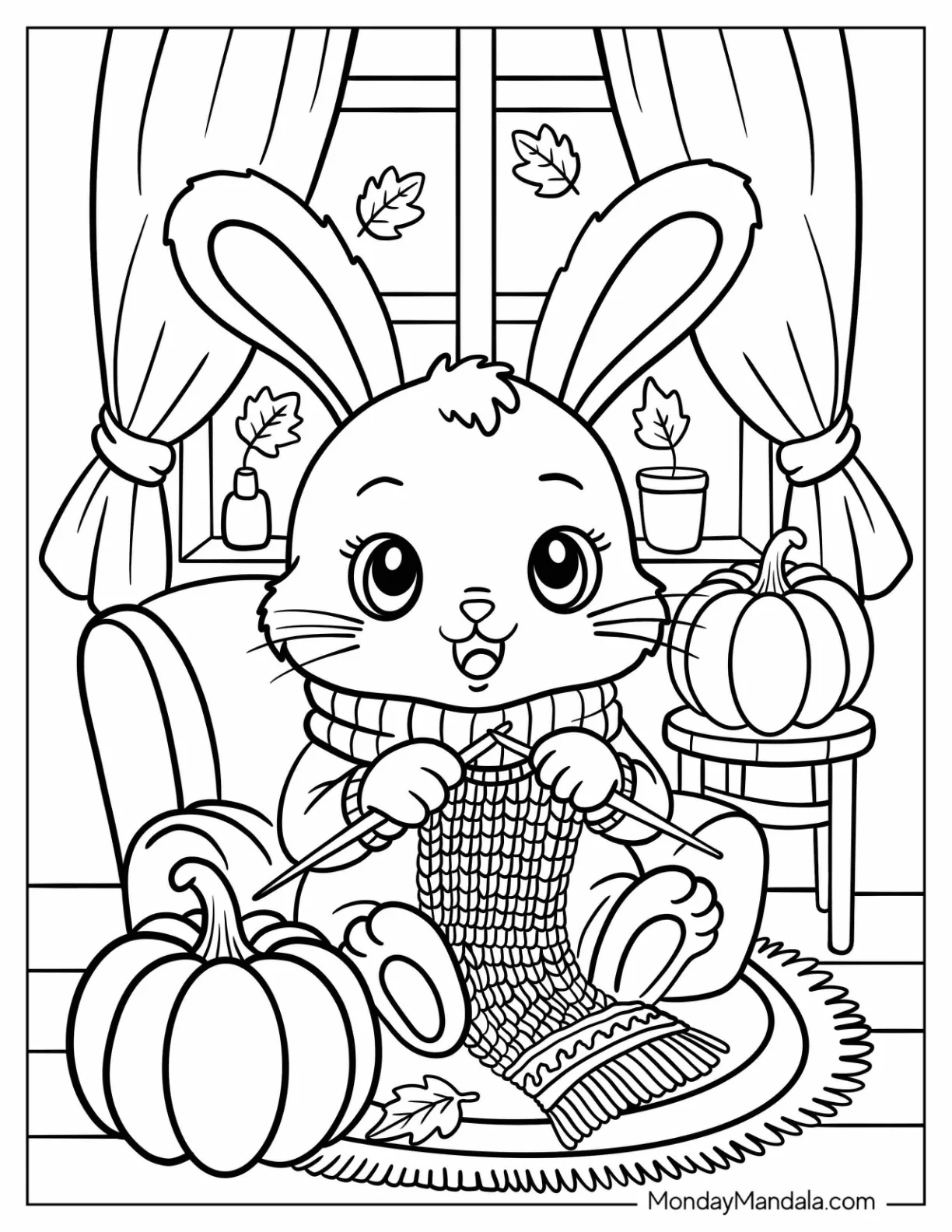 Bunny Knitting Indoors with Pumpkins Coloring Page for Kids coloring page — printable line art