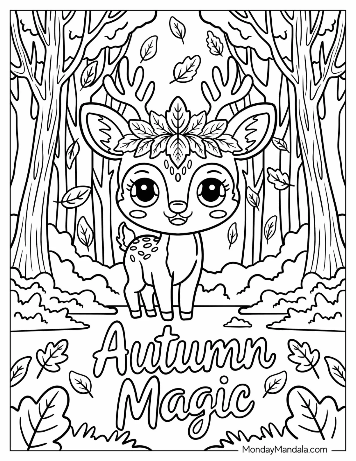 Cartoon Forest Deer Surrounded by Autumn Leaves Coloring Sheet coloring page — printable line art