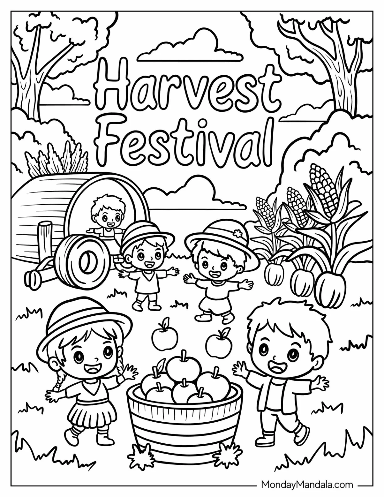 Children Picking Apples at the Harvest Festival Coloring Page coloring page — printable line art