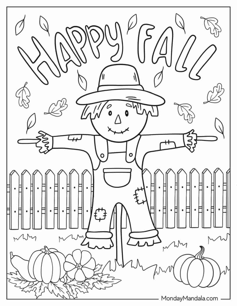 Cute Autumn Scarecrow Coloring Page coloring page