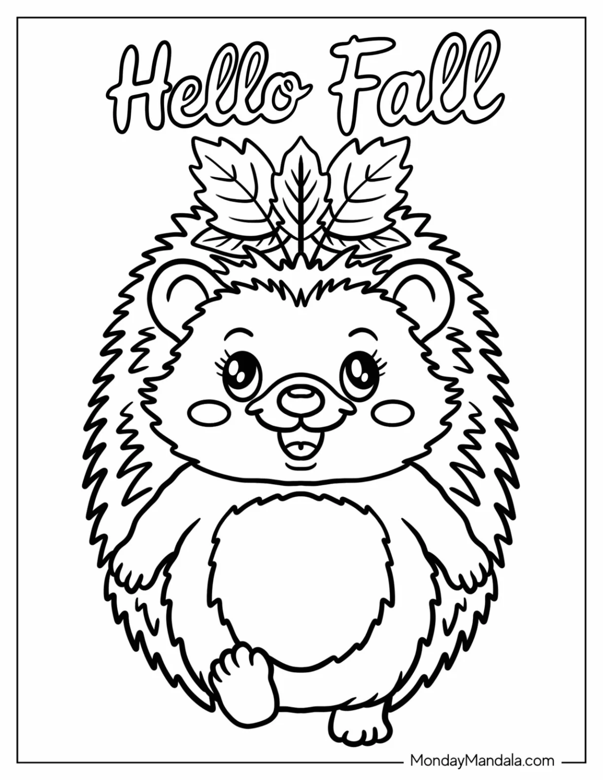 Cute Hedgehog with Autumn Leaves on Its Head Coloring Page for Kids coloring page