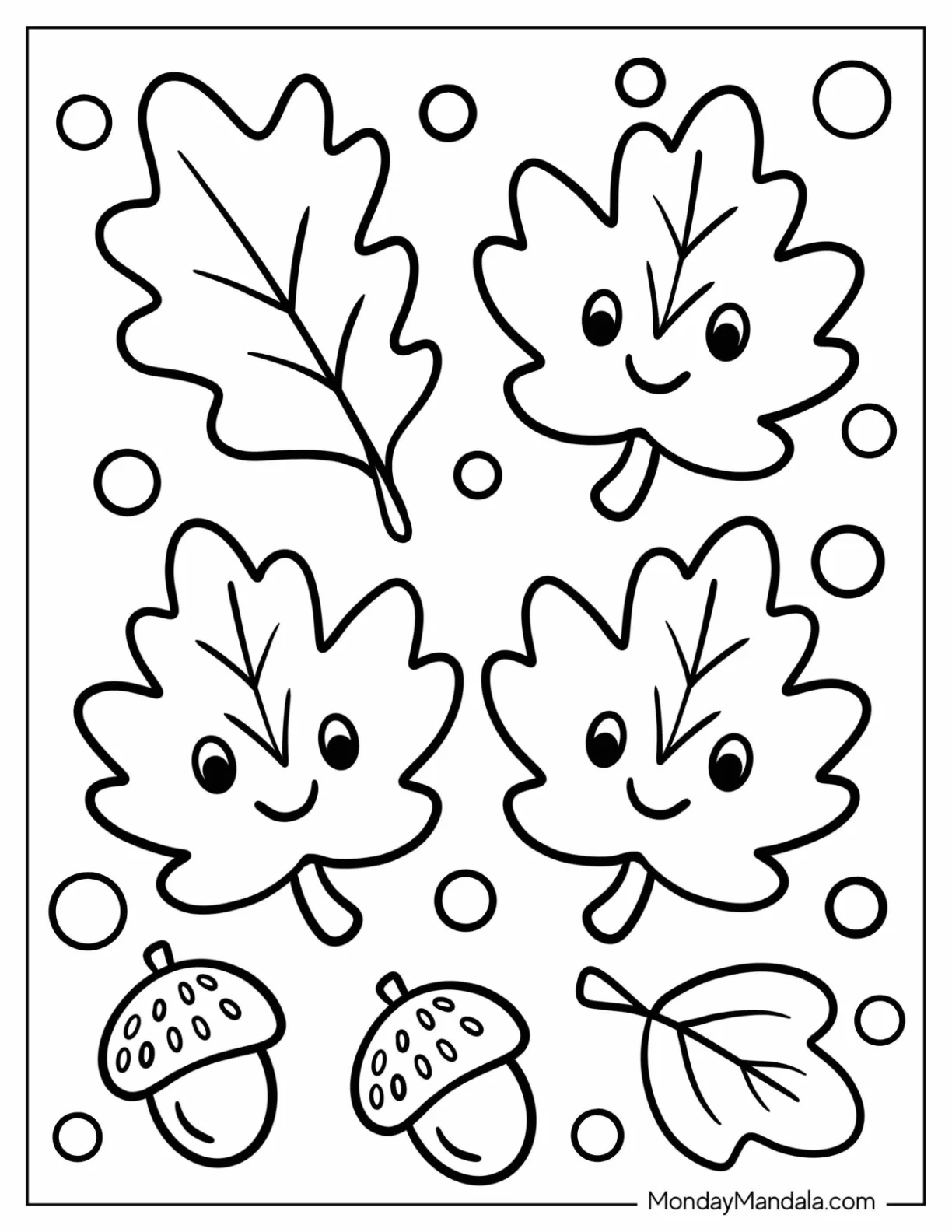 Cute Leaf Faces and Acorns for Fall Coloring Sheet for Preschoolers coloring page