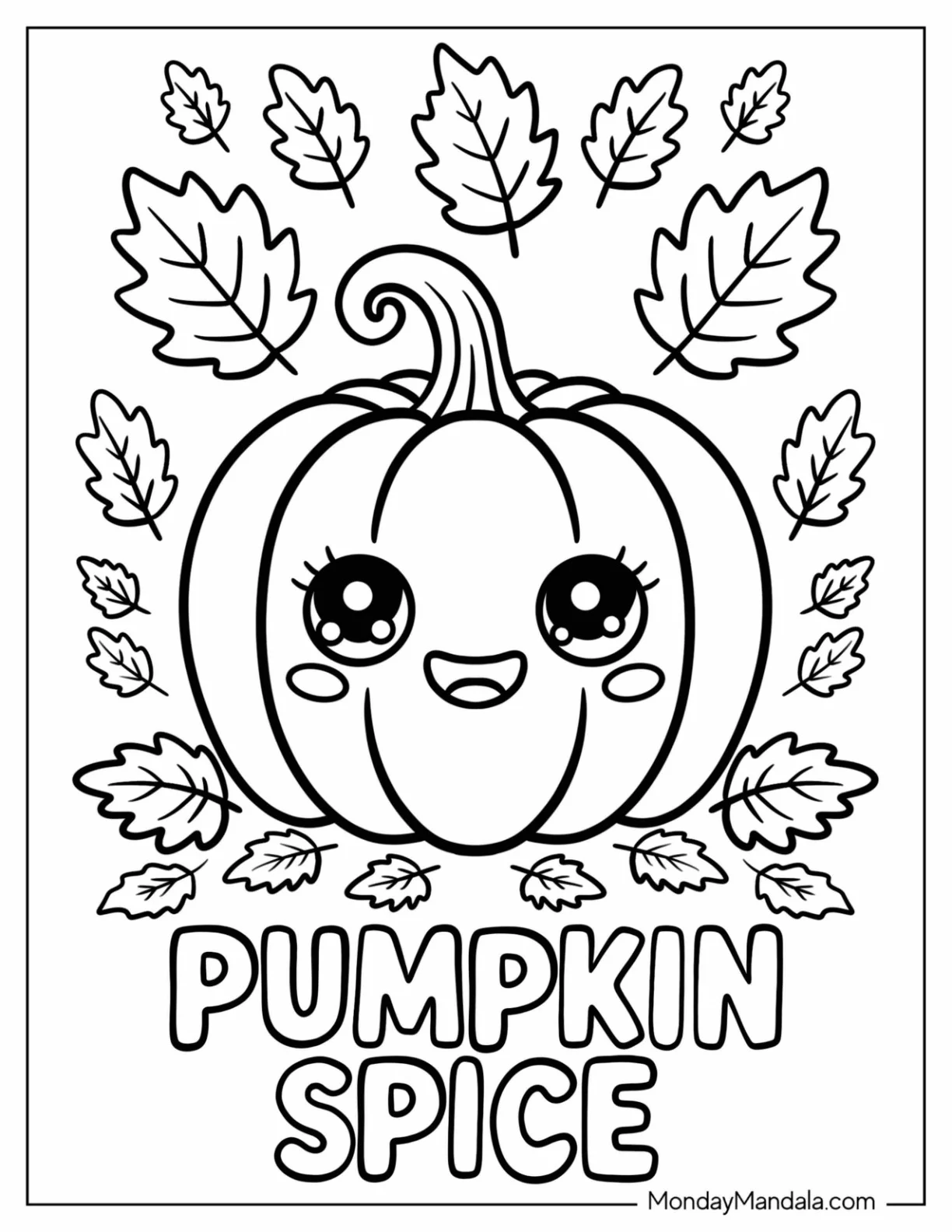 Cute Pumpkin Spice with Falling Autumn Leaves Coloring Sheet for Kids coloring page — printable line art