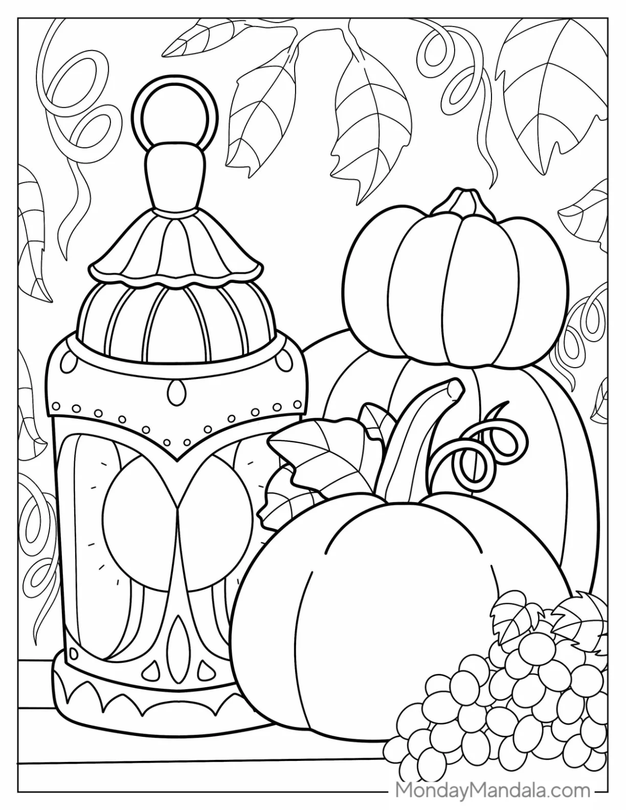 Detailed Fall Coloring Page Of Pumpkin Beside Lantern On Table coloring page — printable line art