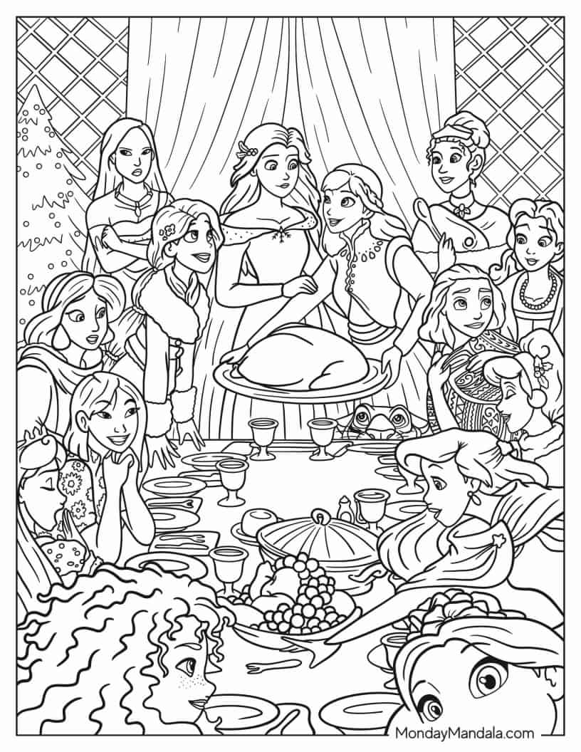 Disney Princesses Celebrating Thanksgiving Coloring In coloring page — printable line art