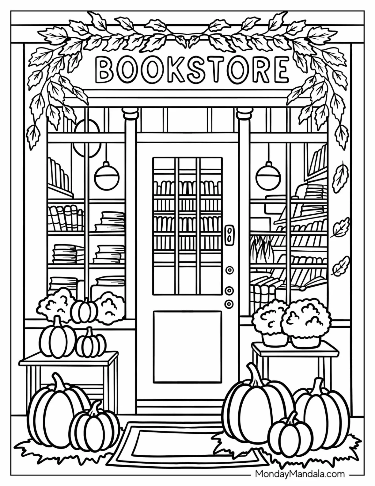 Fall Bookstore Display with Leaves and Gourds Coloring Sheet coloring page — printable line art