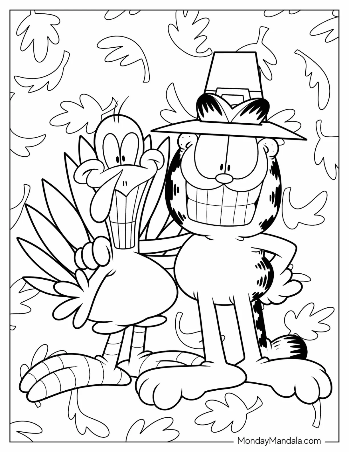 Fall Coloring Page Of Garfield And Turkey Smiling Wide During Fall coloring page