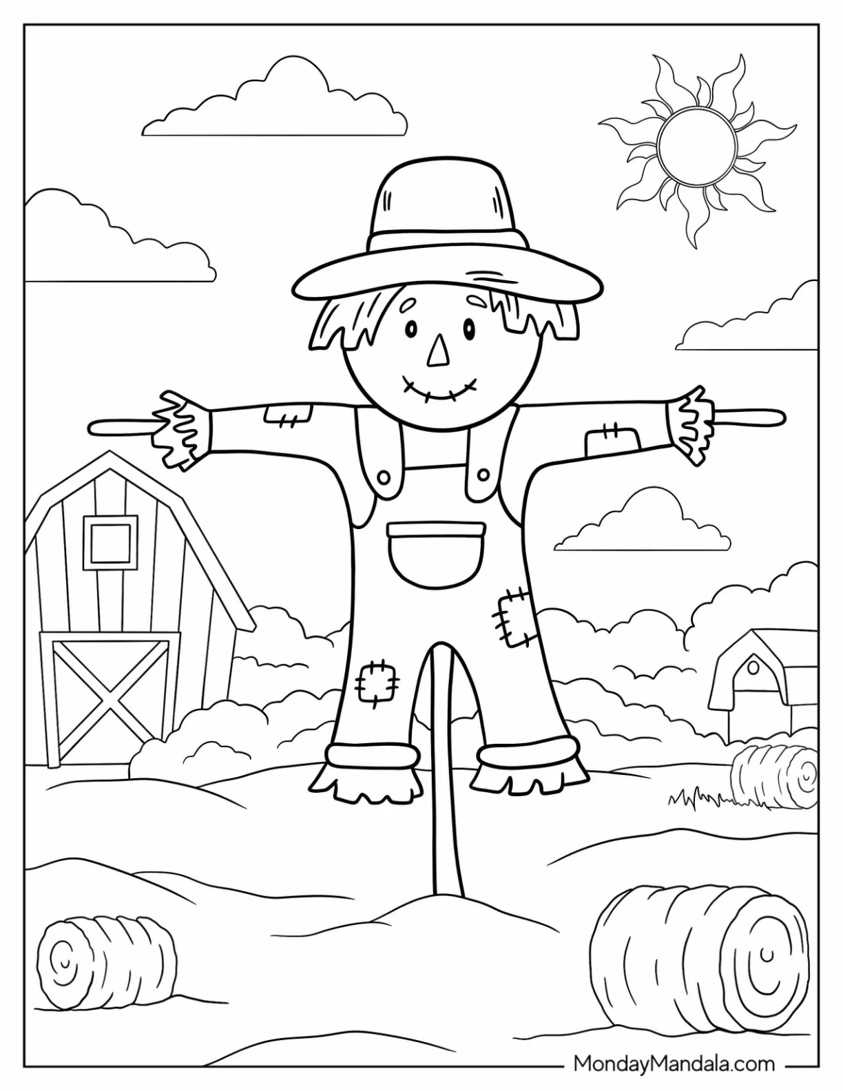 Fall Coloring Page Of Kawaii Scarecrow In A Farm For Kids coloring page
