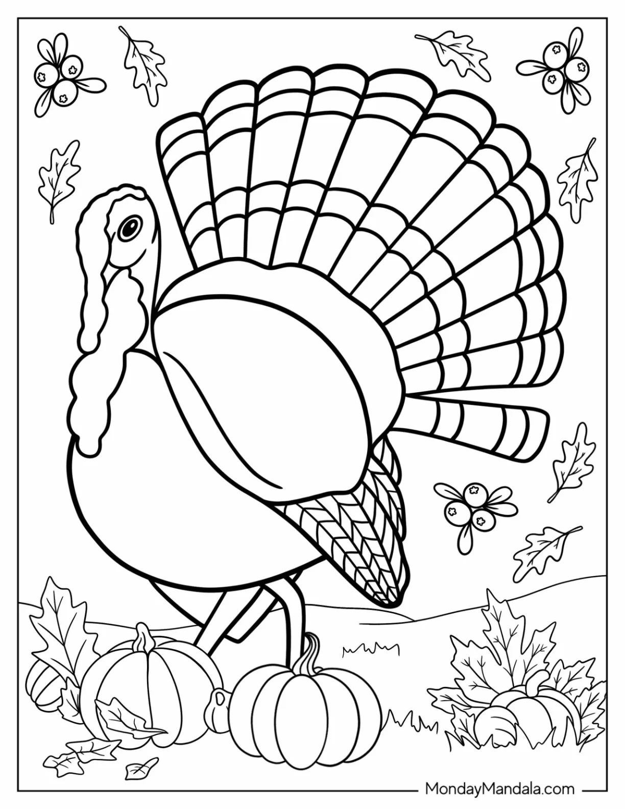 Fall Coloring Page Of Large Turkey Walking In Field With Pumpkins coloring page — printable line art