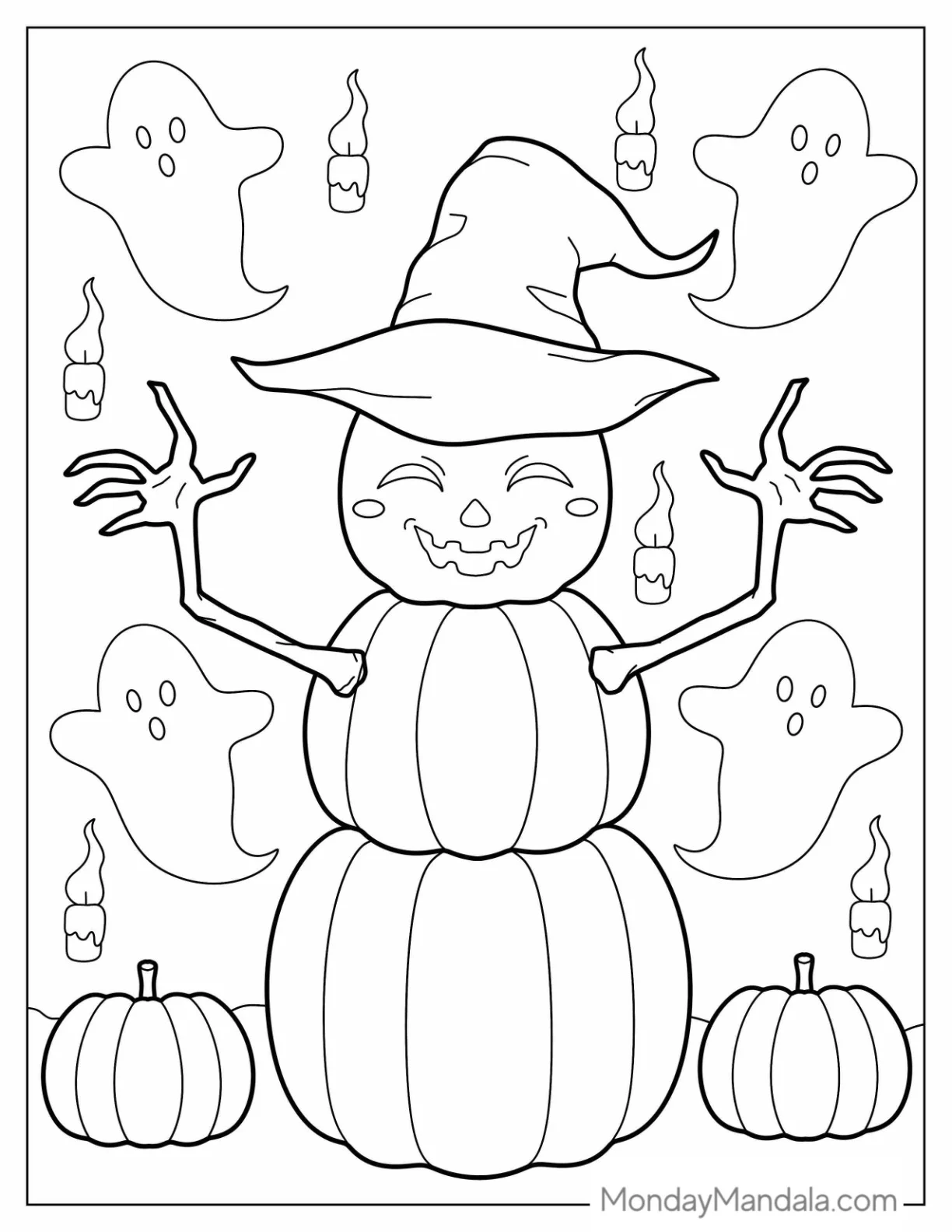 Fall Coloring Page Of Pumpkin Snowman In Witch's Hat Fall coloring page — printable line art