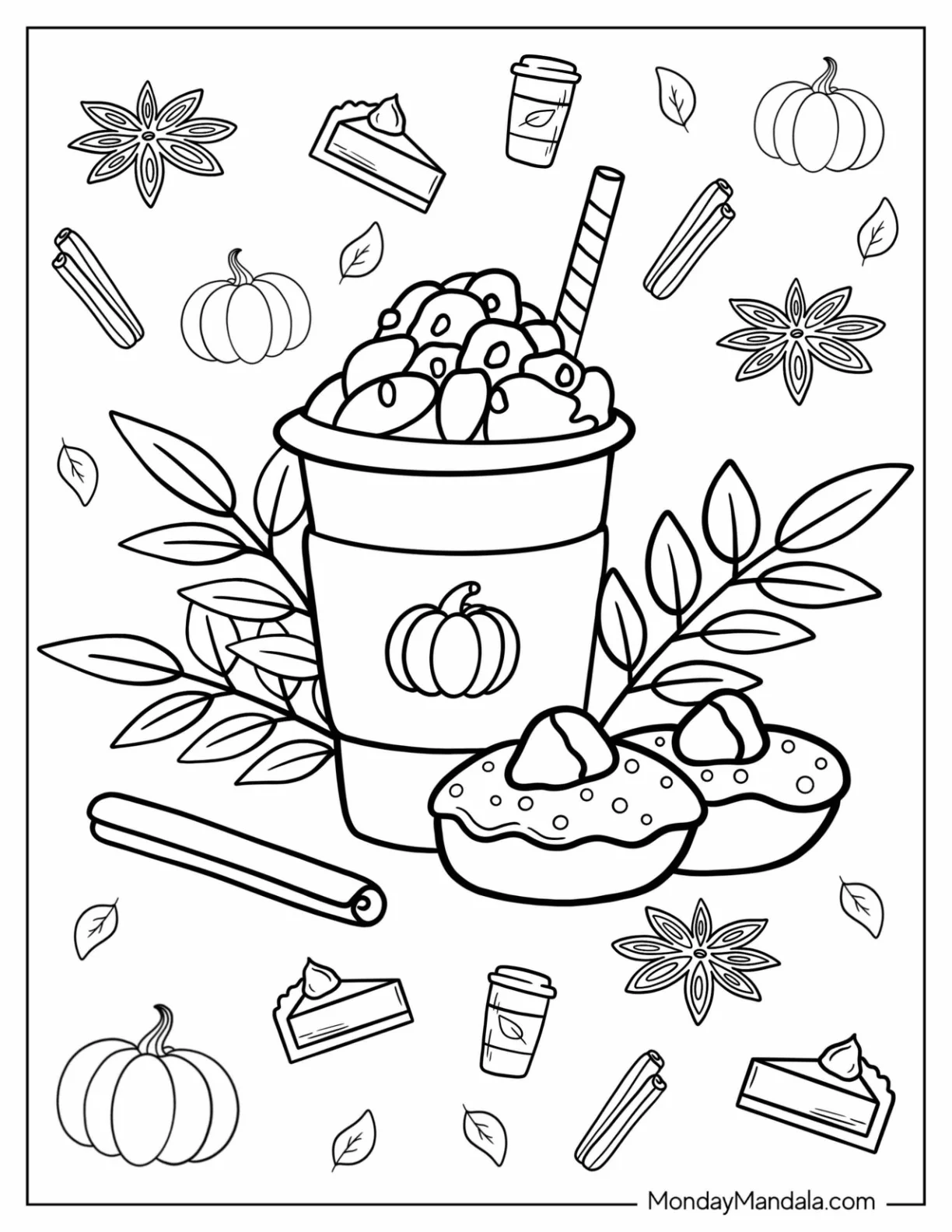 Fall Coloring Page Of Pumpkin Spice Latte With Pastries In Fall coloring page — printable line art