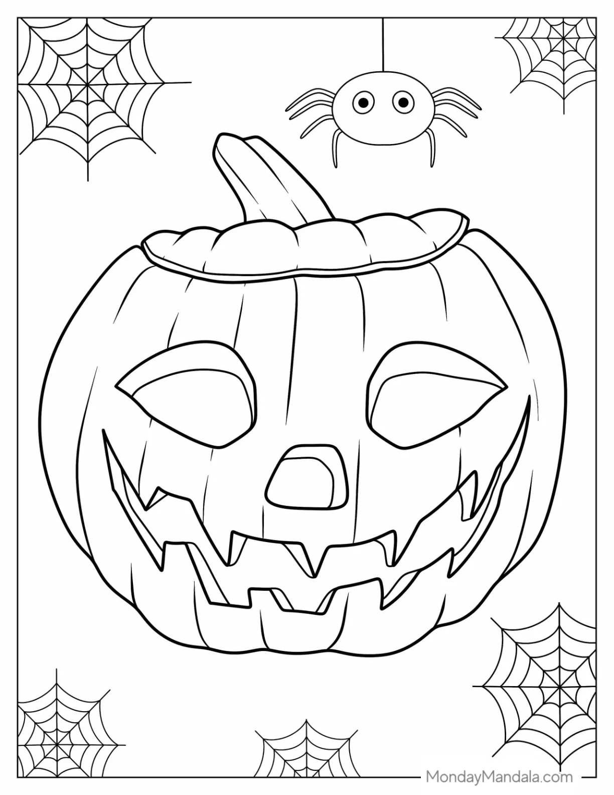 Fall Coloring Page Of Smiling Jack O Lantern With Spider On Top coloring page