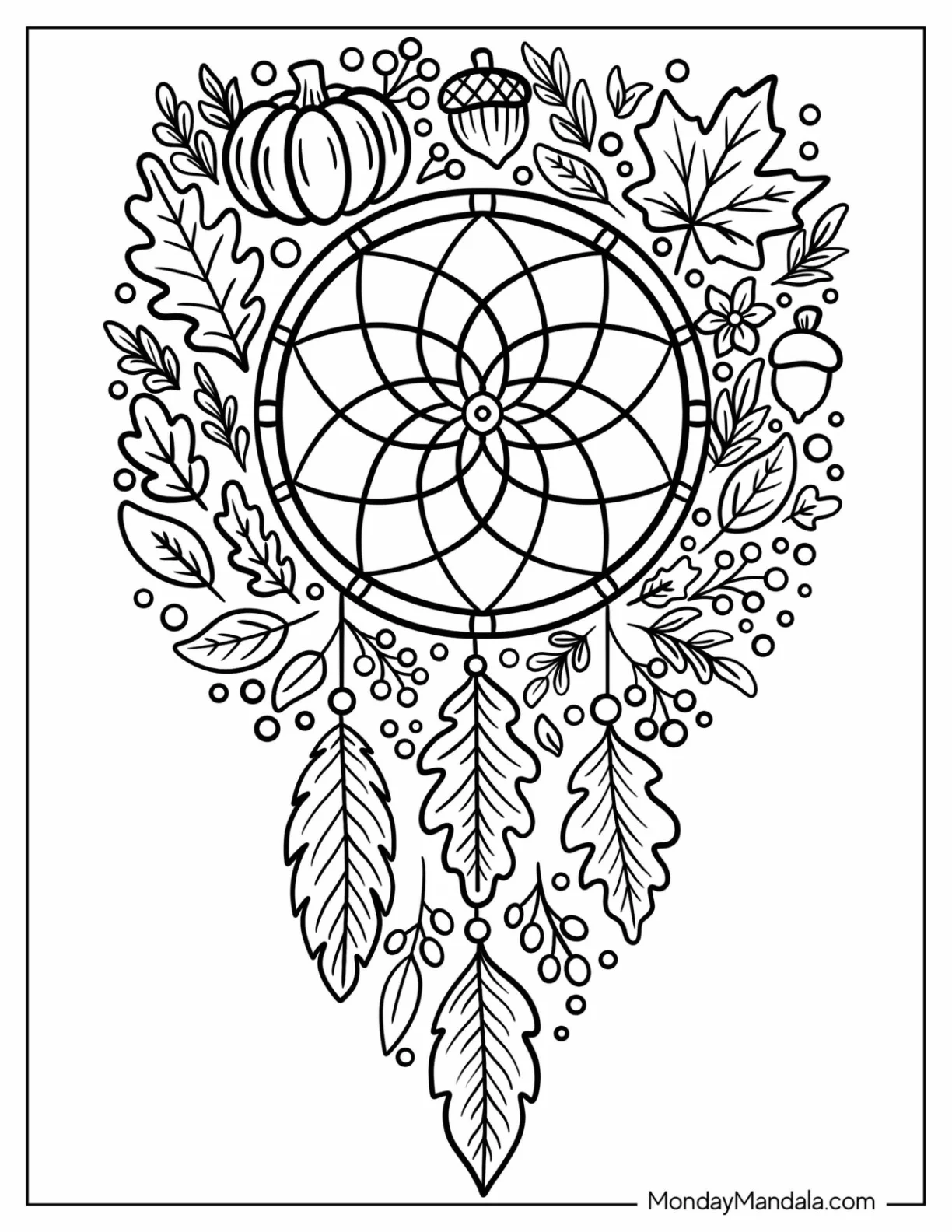 Fall Dreamcatcher with Leaves, Acorns, and Pumpkin Coloring Page coloring page — printable line art