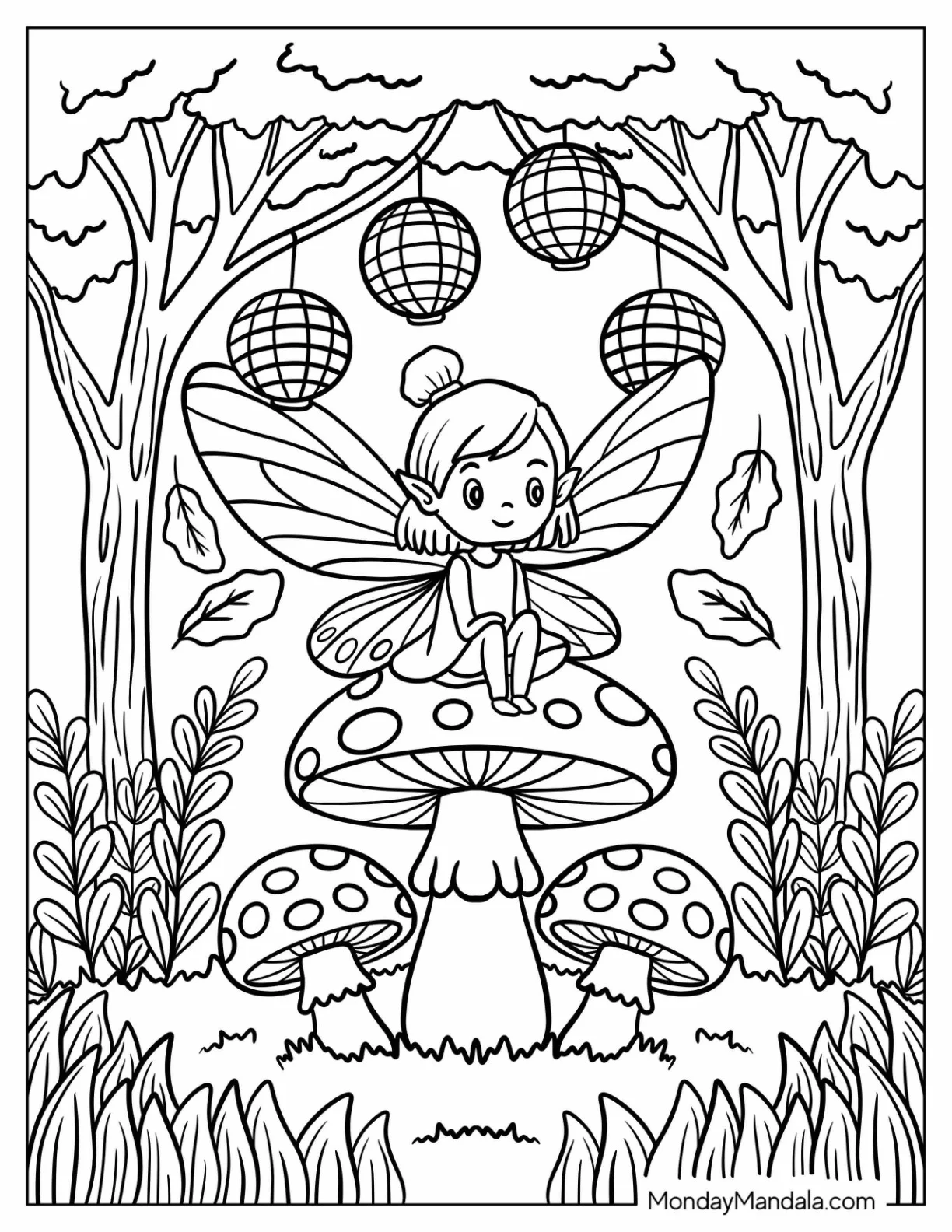 Fall Fairy Sitting on Mushrooms with Lanterns and Leaves coloring page