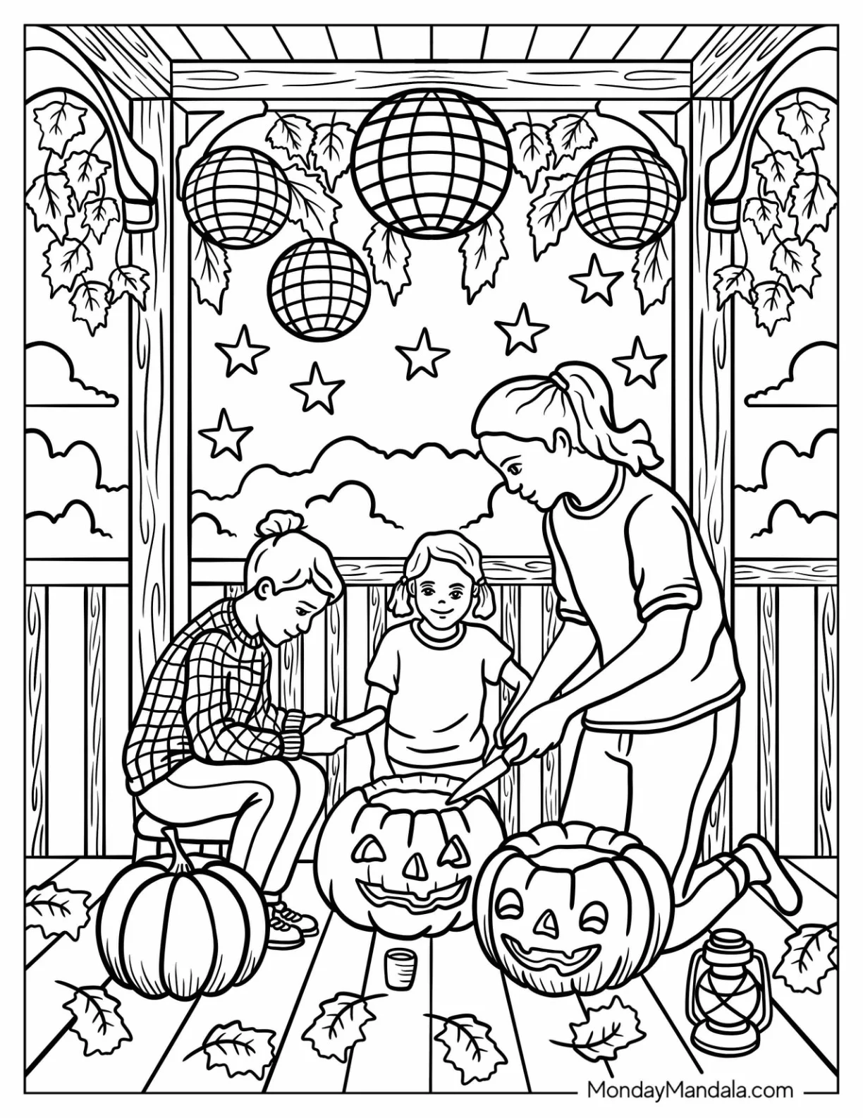 Family Carving Pumpkins on the Porch Fall Coloring Sheet coloring page