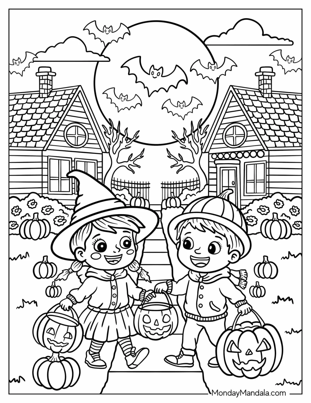 Girl and Boy Trick or Treating on Halloween Night Fall Coloring Sheet for Kids coloring page