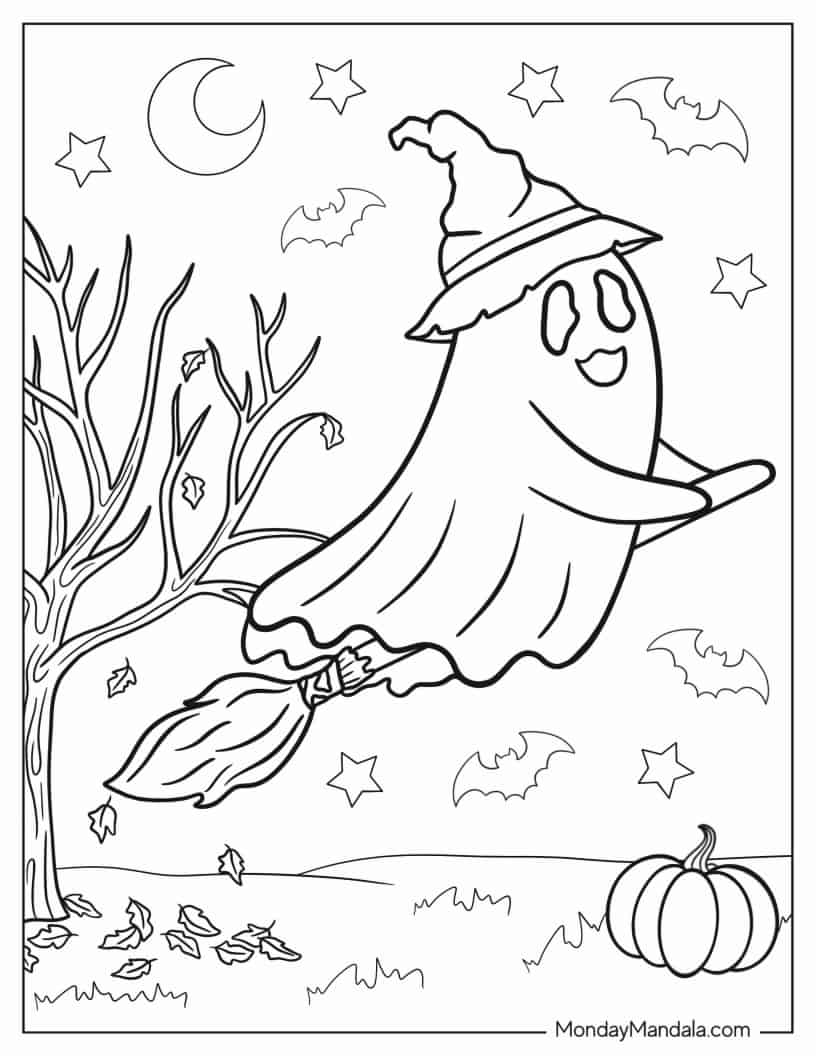 Halloween Ghost On Broom In Autumn Coloring Sheet coloring page — printable line art