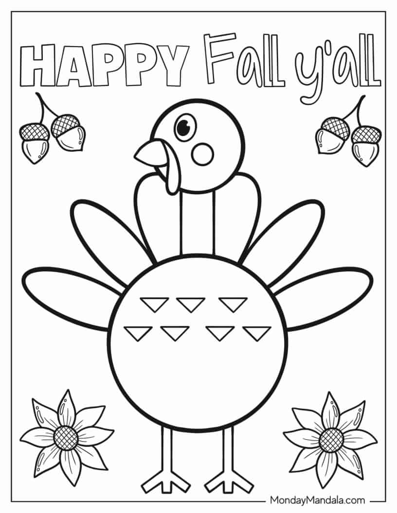 Happy Fall Greeting With Cute Cartoon Turkey coloring page — printable line art