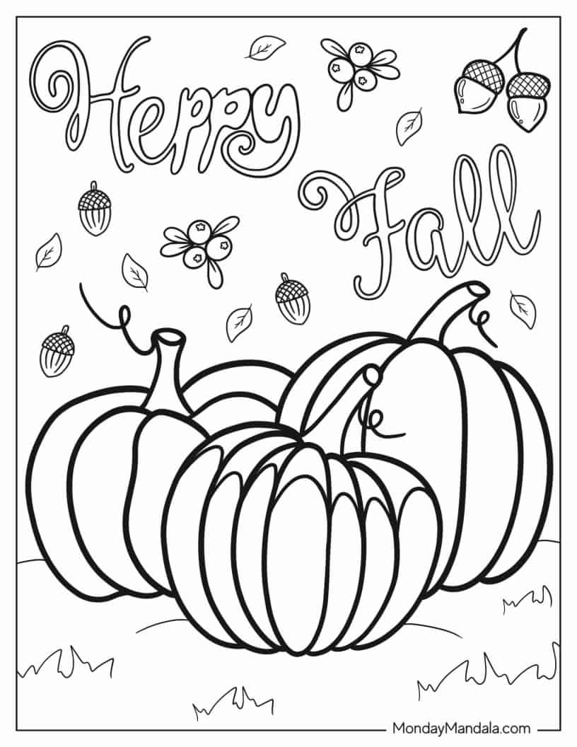 Happy Fall With Easy Pumpkin Outlines coloring page — printable line art