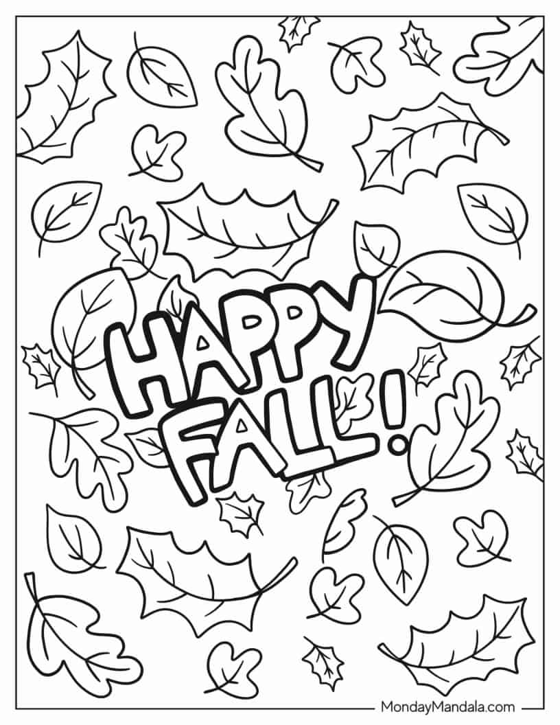 Happy Fall Words In Middle Of Autumn Leaves Coloring Sheet coloring page — printable line art