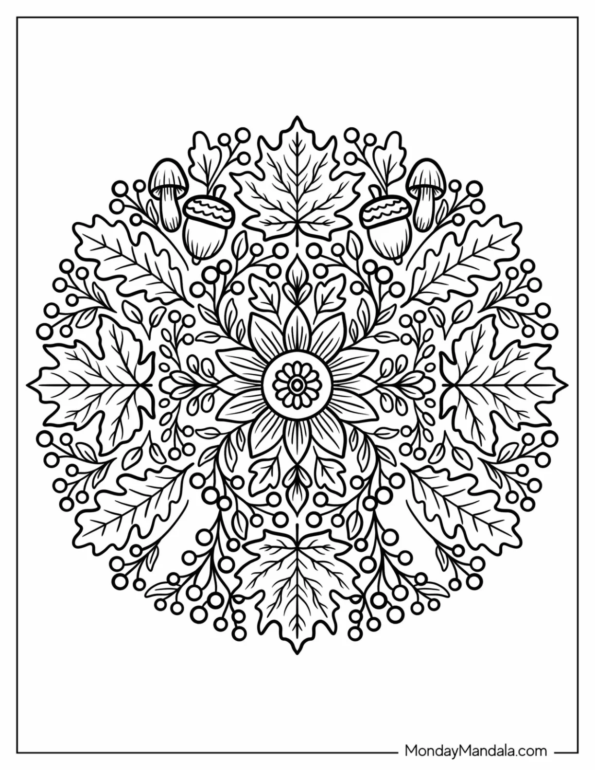 Intricate Fall Leaves and Berries Mandala coloring page