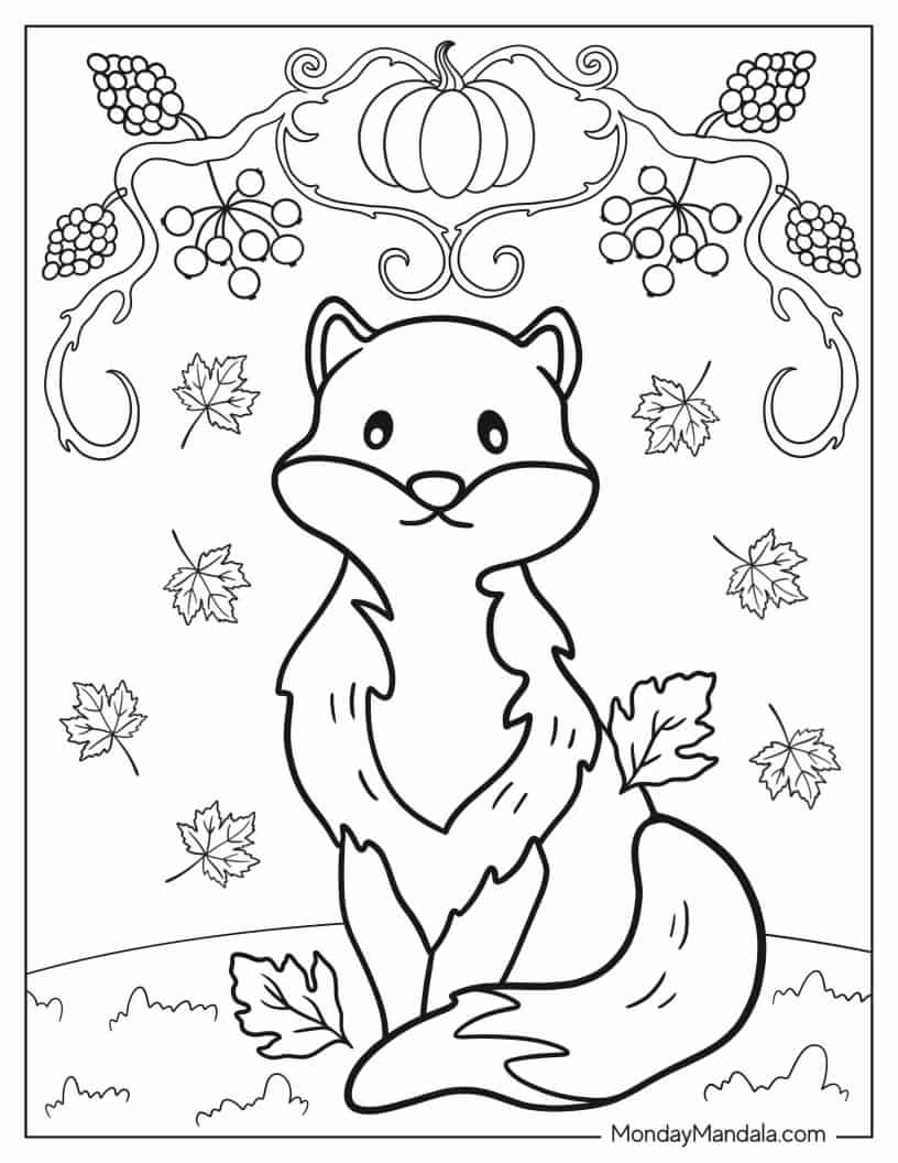 Kawaii Fox In Autumn Coloring Sheet For Kids coloring page — printable line art