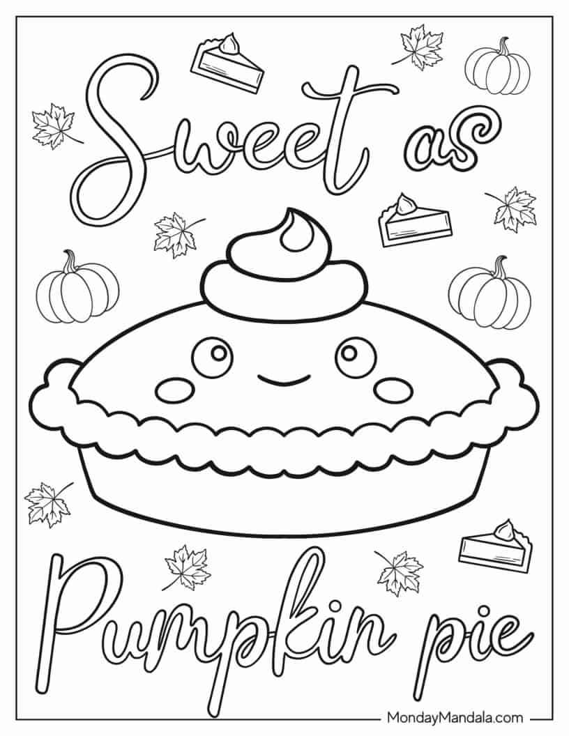 Kawaii Sweet As Pumpkin Pie Coloring Page For Preschoolers coloring page — printable line art
