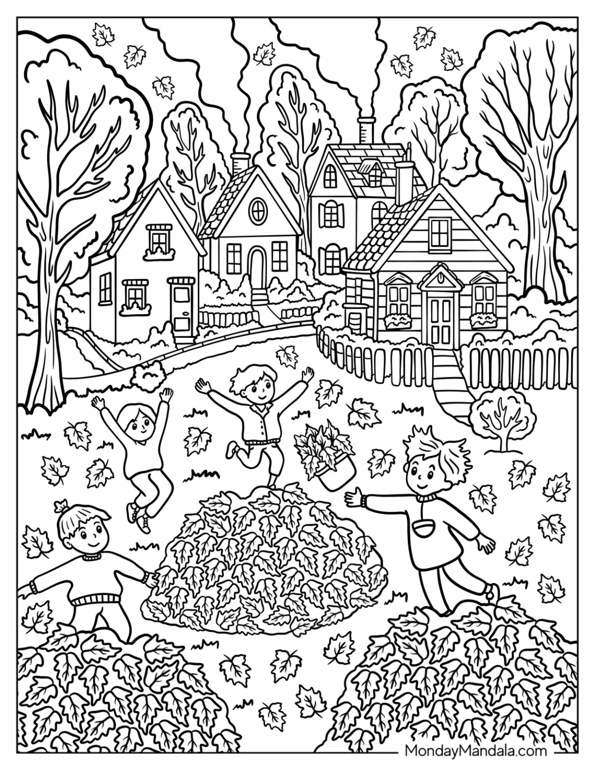 Kids Jumping Into Leaf Piles In A Cozy Autumn Neighborhood Coloring Page coloring page — printable line art