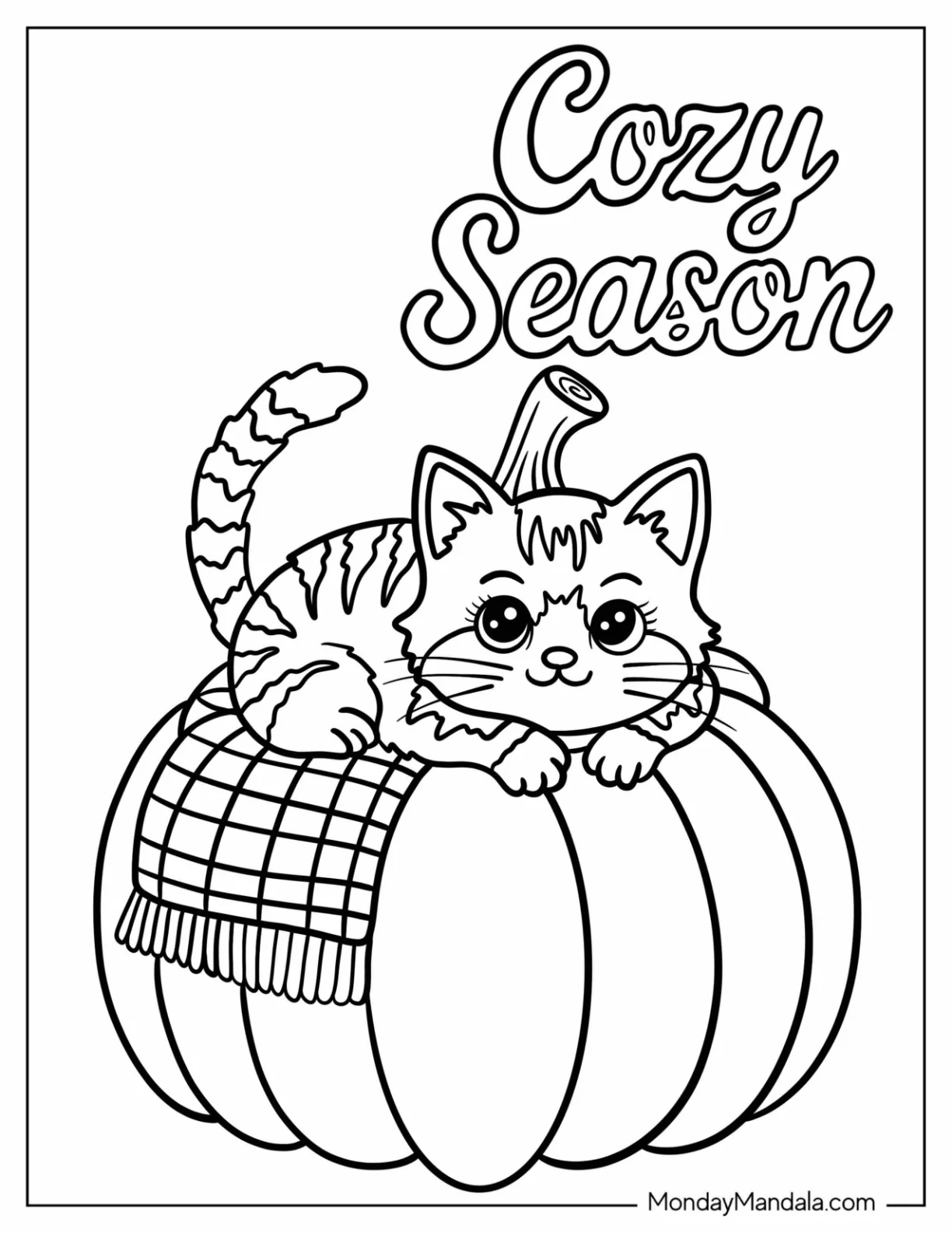 Kitten Resting on a Pumpkin with Blanket Coloring Page coloring page — printable line art