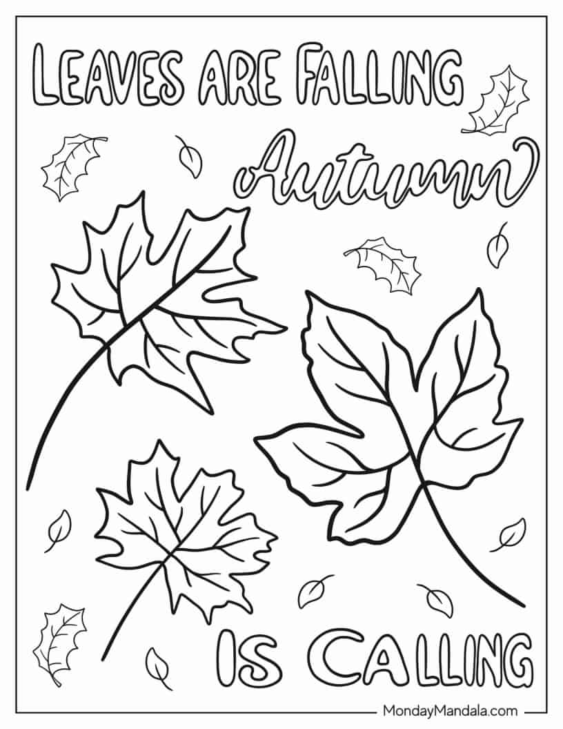 Large Autumn Leaves With Greeting Coloring In coloring page — printable line art