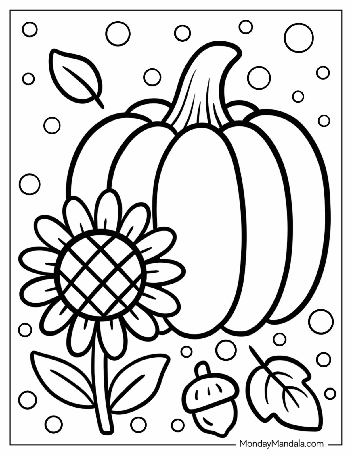 Large Pumpkin with Sunflower and Acorn Fall Coloring Sheet for Preschoolers coloring page — printable line art