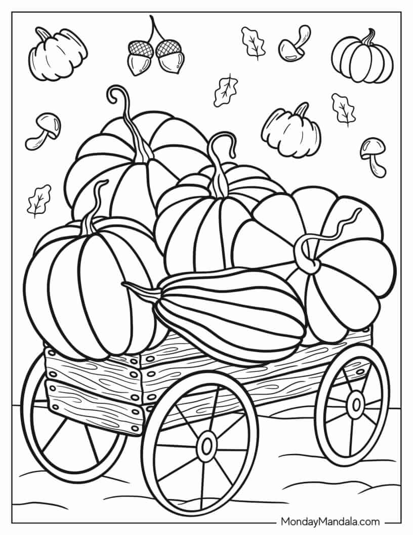 Large Pumpkins In Wagon Coloring In For Kids coloring page — printable line art