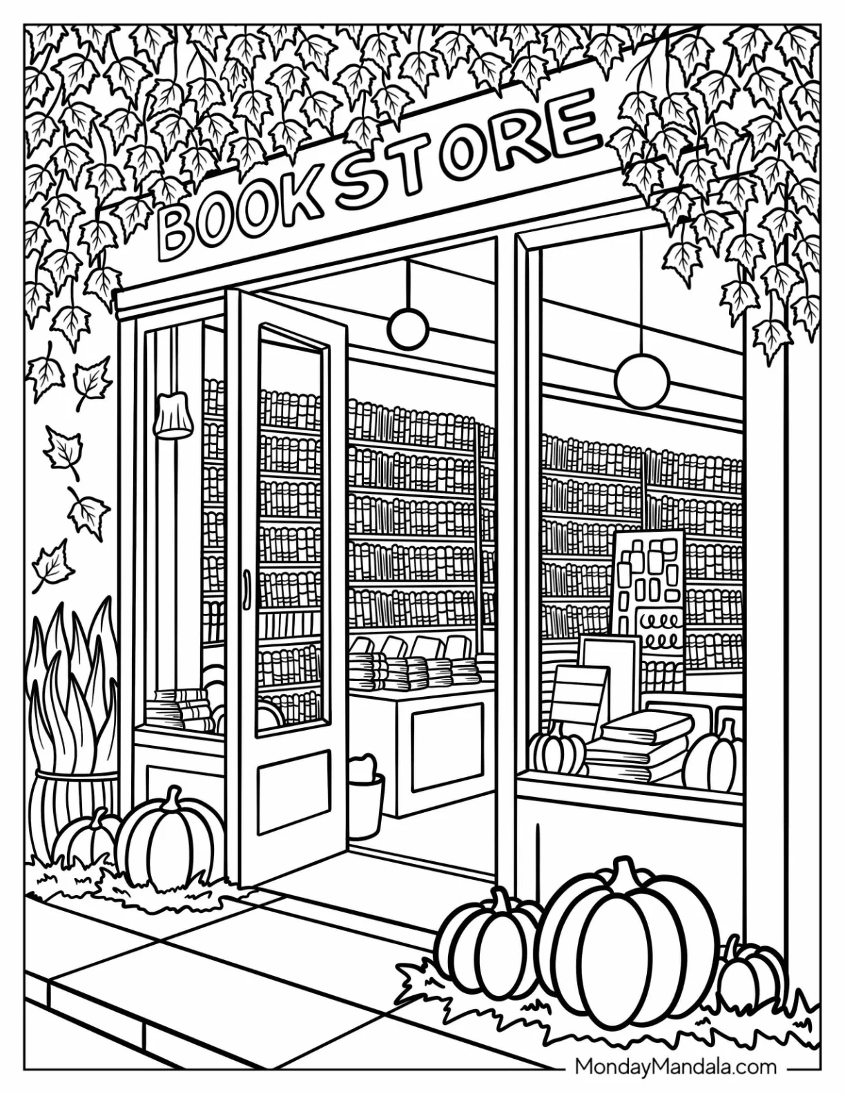 Open Bookstore in Fall With Stacked Shelves, Pumpkins, And Trailing Ivy coloring page